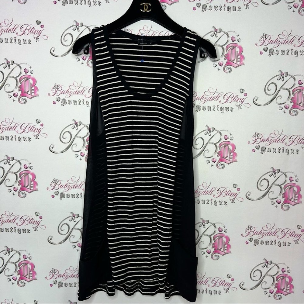 Bcbg maxazria tank top long mesh sides pockets white black striped mini dress